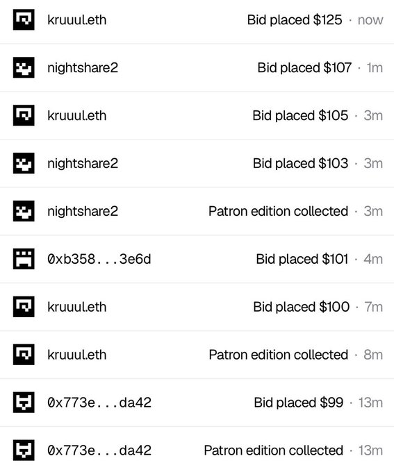 A screenshot of an NFT bidding activity feed showing usernames like "kruuuLeth" and "nightshare2" placing bids and collecting "Patron edition" items with dollar amounts ranging from $99 to $125.