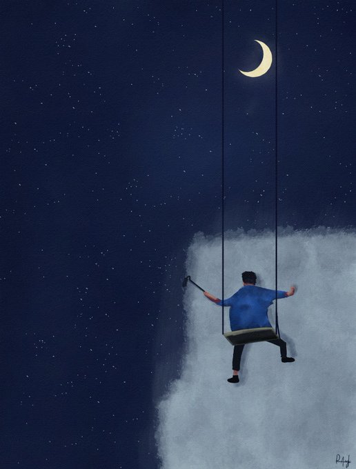 An artistic illustration showing a man in a blue shirt sitting on a swing suspended by ropes from a crescent moon, holding a hammer against a starry night sky and cloud.