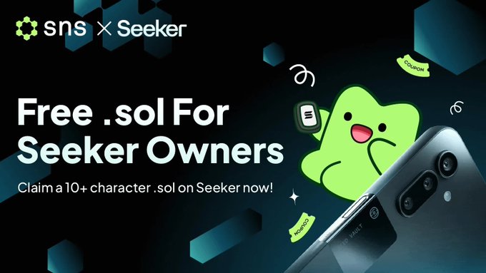 A promotional graphic for SNS x Seeker featuring a green mascot next to a Solana phone, with text reading "Free .sol For Seeker Owners — Claim a 10+ character .sol on Seeker now!" and floating coupon tickets, directly visualizing the offer for Seeker SBT holders to claim free .sol domains.