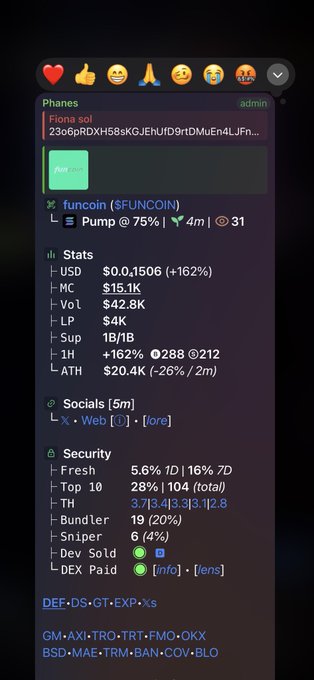 A cryptocurrency dashboard for 'funcoin ($FUNCOIN)' displaying stats including a market cap of $0.1506, 18/18 supply, and various security metrics.