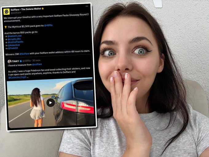 A woman reacts with a surprised expression while looking at a social media post from 'Solflare - The Solana Wallet' announcing a giveaway with winners DM'd within 48 hours and a treasure from @448Ra tagged.