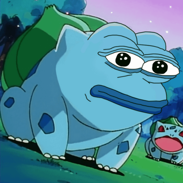 An animated image shows a large blue Bulbasaur Pokémon with a concerned expression, accompanied by a smaller Ivysaur.