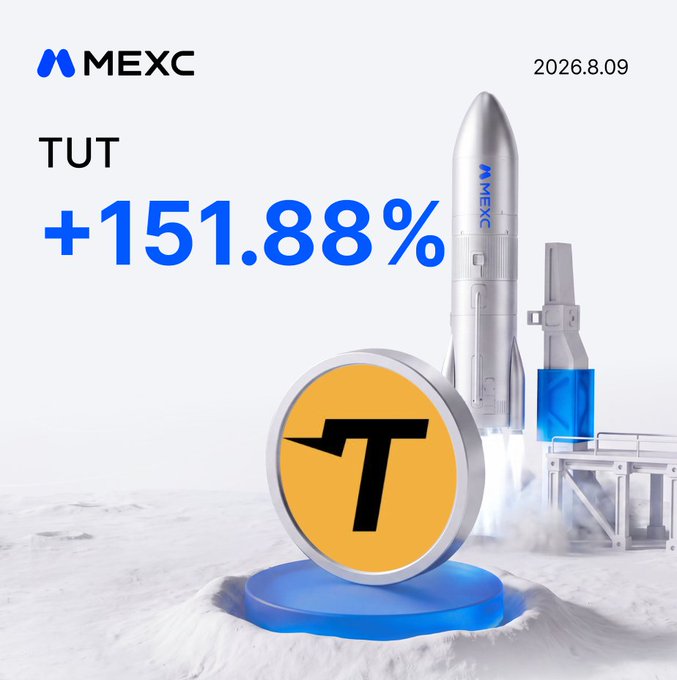 A promotional graphic from MEXC dated 2026.8.09 showcases the TUT token's massive +151.88% surge, depicted by a rocket lifting off from a launchpad with the TUT coin emblem in the foreground, visually reinforcing the "mooning" price action.