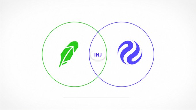 Venn diagram illustration showing the Robinhood EU logo (green circle) and another purple logo intersecting, with INJ token positioned at the overlap.