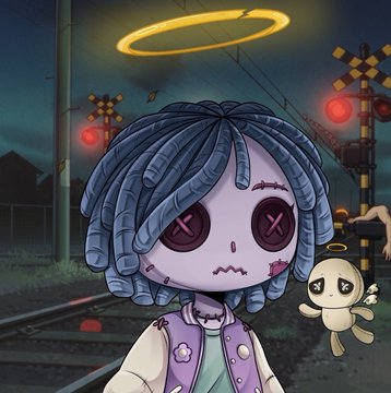 A cartoon-style zombie doll with blue dreadlocks, button eyes, a halo, and a star facial marking stands beside a small angel ghost figure at a railroad crossing. The post announces NFT mint details for @dollclubnft and @playbandits, though the doll character doesn't specifically represent either project, it evokes the spooky aesthetic common to NFT art collections.