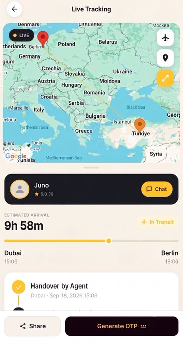 A mobile app screen showing 'Live Tracking' of a shipment from Dubai to Berlin for user 'Juno', with an estimated arrival of 9h 58m, 'In Transit' status, and a 'Handover by Agent' update dated Sep 18, 2026.