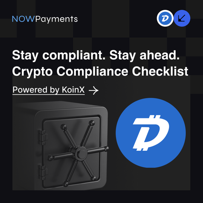 A promotional graphic for NOWPayments featuring a black safe and a blue Digitalcoin logo, advertising a 'Crypto Compliance Checklist' powered by KoinX.