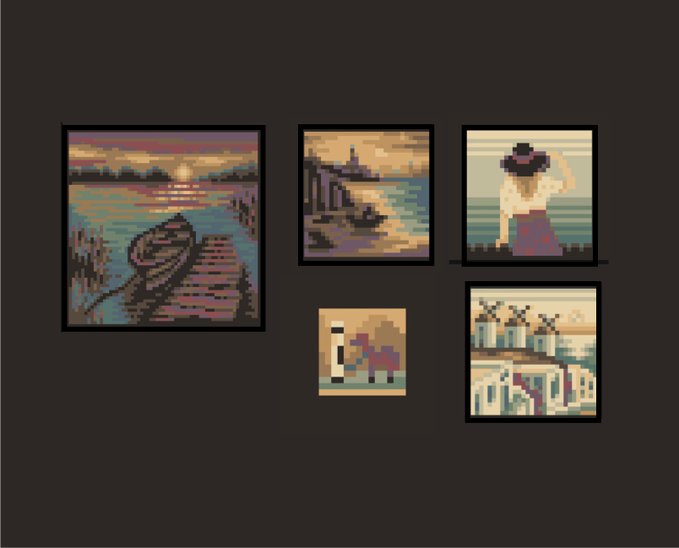 Five small framed pixel-art style paintings arranged on a dark wall, depicting scenes including a sunset over water with a boat, a lighthouse on a cliff, a woman in a hat by the sea, a person with a horse, and a coastal village.