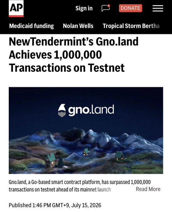This image shows an AP News article headline reading "NewTendermint's Gno.land Achieves 1,000,000 Transactions on Testnet," accompanied by a subtitle noting that "Gno.land, a Go-based smart contract platform, has surpassed 1,000,000 transactions on testnet ahead of its mainnet launch," with the article published at 1:46 PM GMT+9, July 15, 2026. The featured image displays the gno.land logo over a scenic 3D-rendered landscape of rolling hills and small houses.