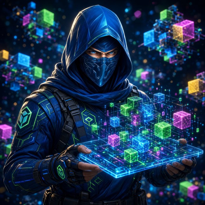 A digital art illustration of a hooded masked figure in blue and black cyberpunk attire, holding a glowing transparent tablet displaying colorful 3D cubes and data visualizations.