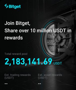 A promotional banner for Bitget inviting users to join and share over 10 million USDT in rewards, displaying a total reward pool of 2,183,141.69 USDT next to an image of a bank vault.