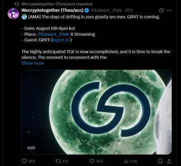 A tweet from WeCryptotogether (@Thee/aco) and @Edward_Park announcing that GRVT is coming, referencing 'The days of drifting in zero gravity are over' and including a stylized 'G' logo on a moon.