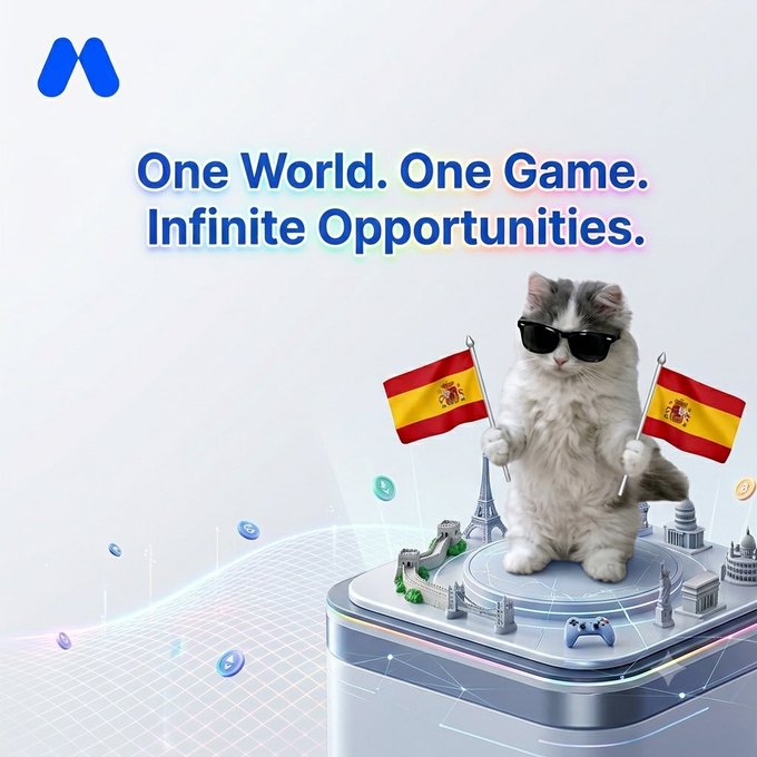 An advertisement featuring a fluffy gray cat wearing sunglasses and holding two Spanish flags atop a miniature landmark platform, with the text 'One World. One Game. Infinite Opportunities.'