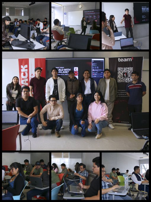 A collage of photos showing students attending a 'Build with Aikau' hackathon in Mexico, working on laptops and posing for group photos.