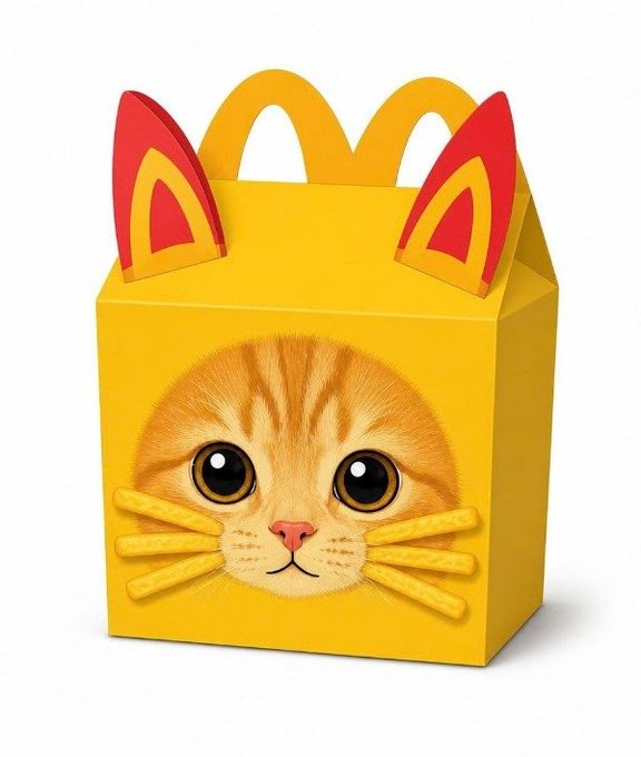 A yellow McDonald's Happy Meal box is decorated with red cat ears and a printed image of an orange tabby cat's face surrounded by fries.