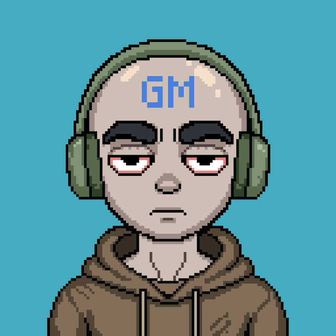 A pixel art portrait of a bald character with red eyes, green headphones, and a brown hoodie, with the text 'GM' on his forehead against a teal background.