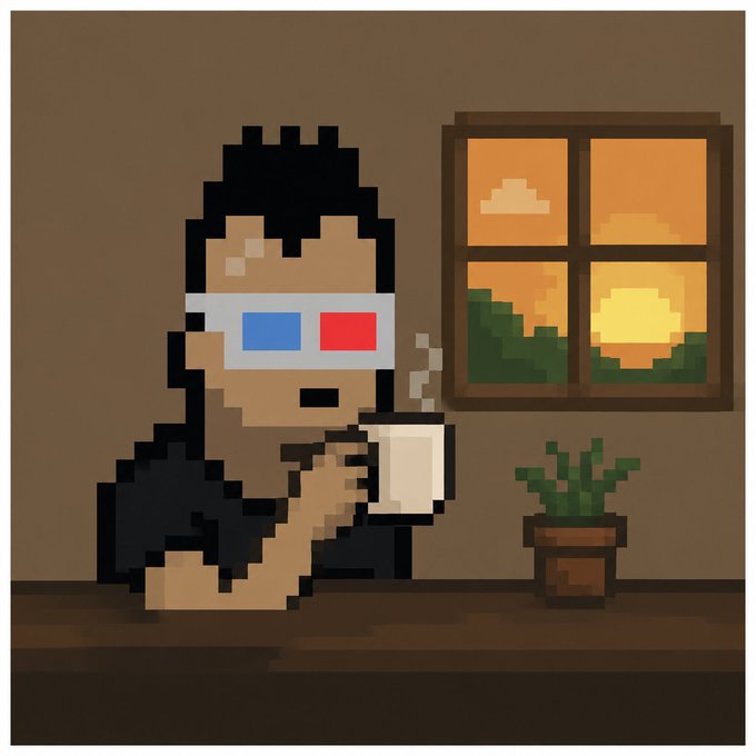 Pixel art illustration of a person wearing 3D glasses and holding a mug of coffee, sitting indoors with a window showing a sunset and a potted plant in the background.