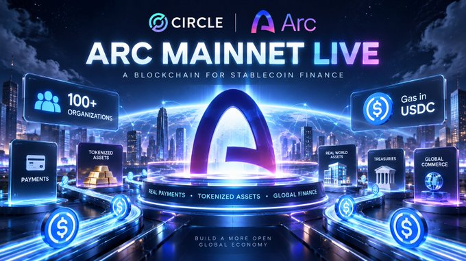 A digital advertisement reads 'CIRCLE | Arc ARC MAINNET LIVE - A BLOCKCHAIN FOR STABLECOIN FINANCE,' highlighting features like '100+ ORGANIZATIONS,' 'Gas in USDC,' 'PAYMENTS,' and 'TOKENIZED ASSETS.'