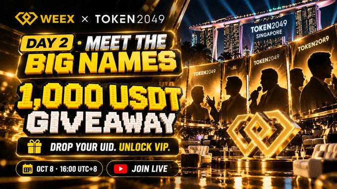 A gold and black promotional graphic for 'WEEX x TOKEN2049 SINGAPORE' announcing a '1,000 USDT GIVEAWAY' on Day 2, with a scheduled live stream on Oct 8 at 16:00 UTC+8.