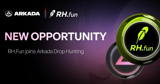 Promotional banner announcing 'NEW OPPORTUNITY: RH.Fun joins Arkada Drop Hunting' with logos for Arkada and RH.fun.
