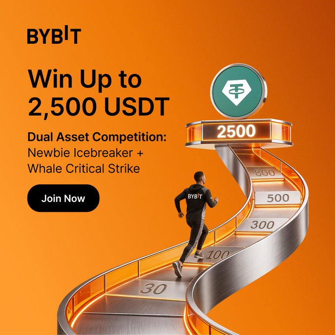 A promotional graphic for Bybit's Dual Asset Competition, featuring a runner ascending a glowing staircase toward a 2,500 USDT prize, with tiered rewards of 30, 100, 300, 500, 800, and 2,500 USDT visible on the steps. The bold orange design advertises up to 2,500 USDT in prizes for new users and high-volume "Whale Critical Strike" participants, matching the post's call to action to join before the campaign ends.