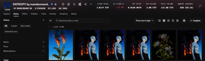 The image shows an NFT collection page for "ENTROPY" by m3nd3z on OpenSea, with a floor price of 3.9174 ETH, 17.25% price drop, and a 24-hour volume of 3.08 ETH. The collection displays digital artwork pieces, including burning flowers and abstract figures, reflecting the poster's commentary about the unrevealed ENTROPY collection having a higher floor price than the revealed pieces.