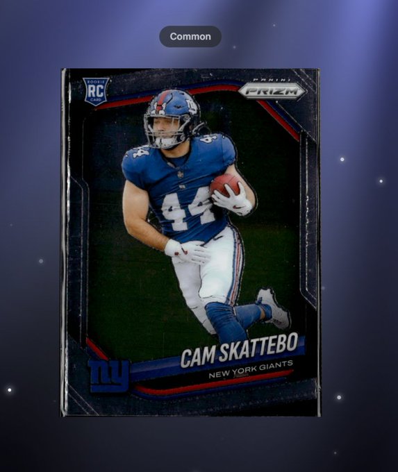 A digital collectible card on Jupiter Exchange showing Cam Skattebo (#44) of the New York Giants, labeled as a "Common" Rookie Card from Panini Prizm, which the user appears to have pulled from a $5 sports gacha pack on Jupiter Mobile.
