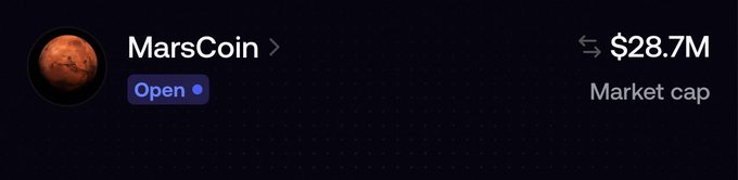The image shows a cryptocurrency listing for "MarsCoin" with a market cap of $28.7M, marked as "Open." This pairs with the post's question about whether another token will flip MarsCoin's market cap, using the displayed $28.7M figure as the benchmark target.