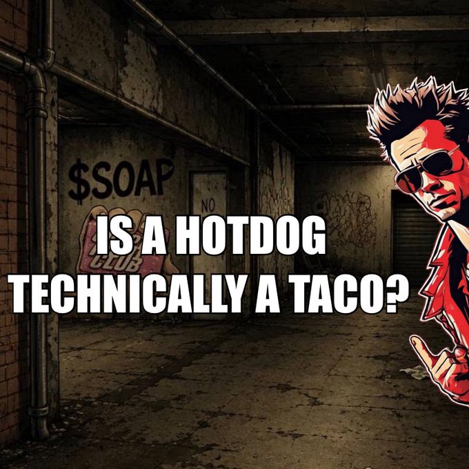 An illustration of a man in sunglasses pointing at text in a grungy setting that asks 'IS A HOTDOG TECHNICALLY A TACO?'.