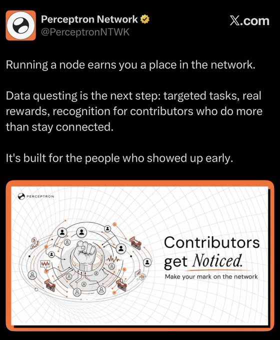 The image is a post from @PerceptronNTWK on X.com discussing how "Running a node earns you a place in the network" and promoting "Data questing" as the next step, with a graphic titled "Contributors get Noticed. Make your mark on the network." It visually reinforces the post's focus on rewarding active node operators and contributors ahead of the $PERC token generation event.