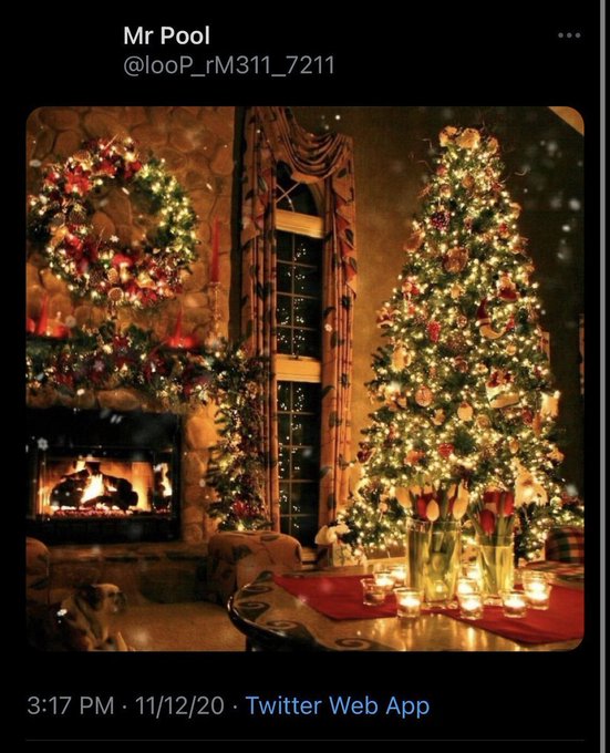 A tweet from "Mr Pool" (@loop_rM311_7211) dated 3:17 PM on 11/12/20 displays a warm, festive holiday scene featuring a decorated Christmas tree, lit fireplace, wreath, and dining table with candles. The post's cryptic caption "12/11=12/24(J)=8/30()" appears to be a coded message, possibly referencing the December 11 date shown and other dates, with the cozy Christmas imagery reinforcing a holiday or December theme.