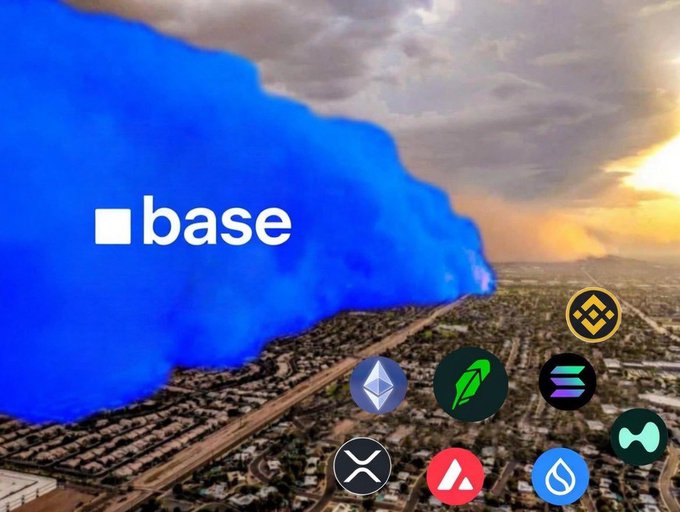 A massive blue cloud emblazoned with the Base logo sweeps over an aerial cityscape, with logos of various crypto tokens (Ethereum, XRP, Solana, Avalanche, Sui, and others) clustered in the foreground below the "Base season" horizon.