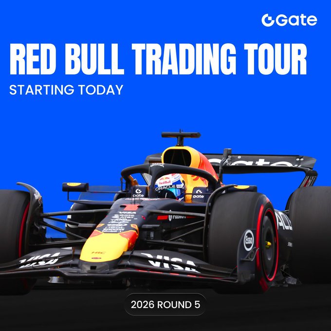 A Red Bull Formula 1 race car is featured against a bright blue background, with bold white text reading "RED BULL TRADING TOUR STARTING TODAY" and "2026 ROUND 5" alongside the Gate.io logo. The image promotes a trading competition on Gate.io where users can compete for a 60,000 GT prize pool and F1 race tickets, tying the excitement of Formula 1 racing to the crypto trading event.