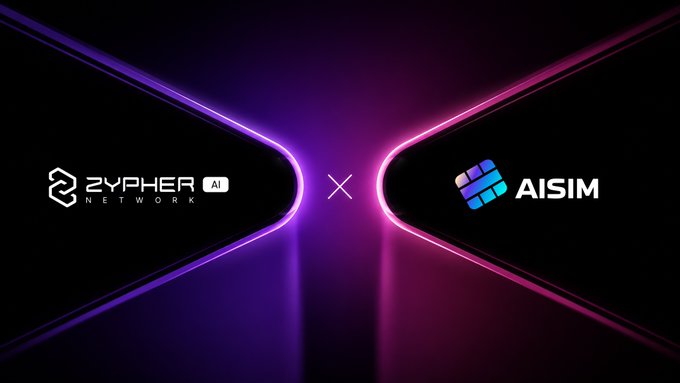 A collaboration graphic between ZYPHER AI NETWORK and AISM, featuring their logos on a dark background with neon purple and pink light framing the design.