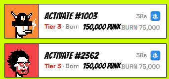 The image displays two Broker Punks NFT listings (#1003 and #2362), both Tier 3 with BURN values of 75,000 $PUNK tokens, illustrating the "burn to earn" mining mechanism referenced in the post about earning $PUNK tokens through NFT burning.