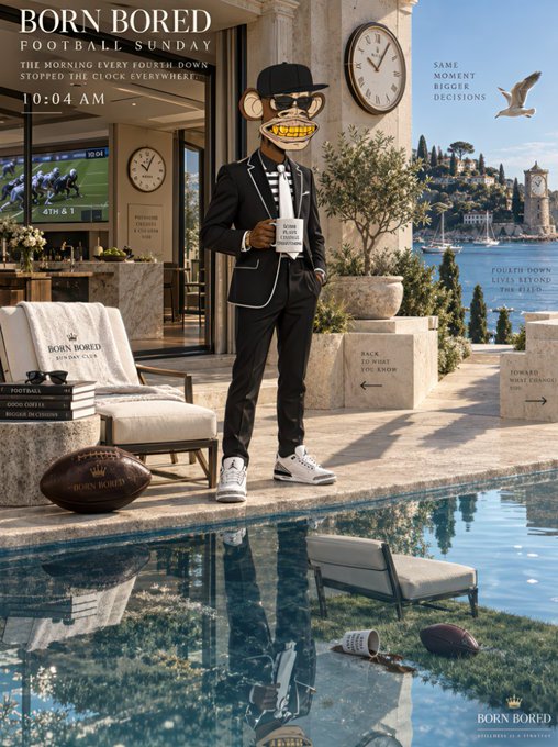 The image shows a stylized character in a tuxedo with a "Born Bored" grinning face mask, holding coffee beside a luxury poolside setting, with text promoting "Born Bored Football Sunday" at 10:04 AM and slogans like "Same Moment, Bigger Decisions" and "Fourth Down, Love Beyond the Field." The visual ties to the post by framing football Sunday as a fresh-start metaphor for Web3 trading—where every "fourth down" decision mirrors a market moment demanding bold execution to "win the trade and become the champion."