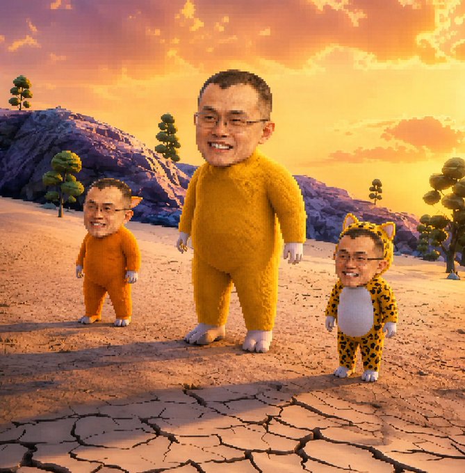 A surreal AI-generated image showing three figures with human faces wearing fuzzy yellow animal onesies standing in a desert landscape at sunset.