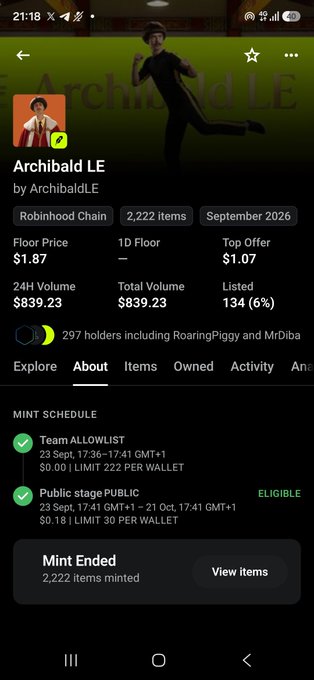 A mobile screenshot of the OpenSea NFT collection page for 'Archibald LE' by ArchibaldLE on Robinhood Chain, showing a floor price of $1.87, top offer of $1.07, and a mint schedule that has ended with 2,222 items minted.