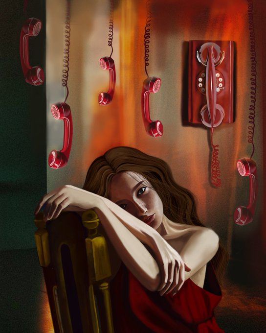 A digital painting of a woman with brown hair resting her arms on a wooden chair, draped in red fabric, set against a warm-toned wall with floating red telephones and a wall-mounted phone.