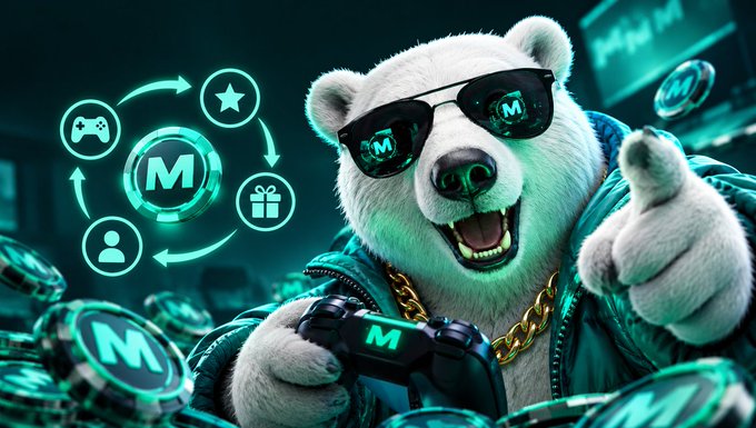 A digital illustration of a cool polar bear wearing sunglasses and a teal jacket, surrounded by 'M' tokens, a game controller, and gaming-related icons.