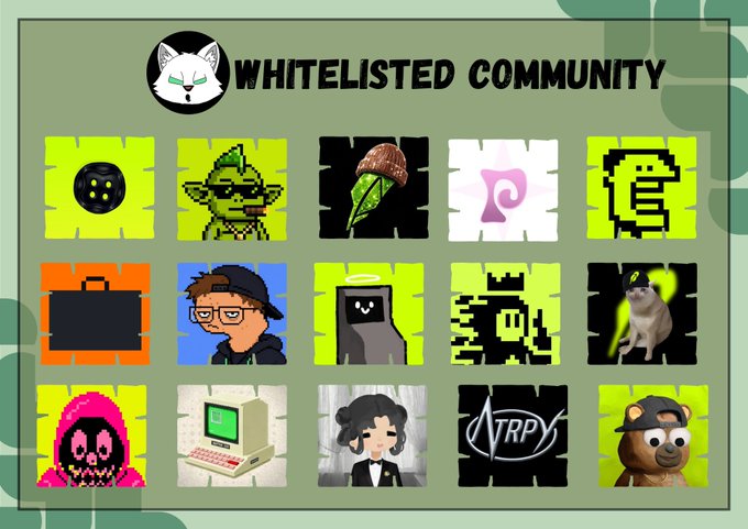 The image displays a "WHITELISTED COMMUNITY" grid featuring 15 avatar icons from various NFT and crypto communities, including OnChainHoodies, Rektguy, 0xNTRPY, h00dle, and other tagged projects mentioned in the post. The grid visually represents the curated list of communities eligible for the engagement-based reward mentioned in the accompanying tweet.