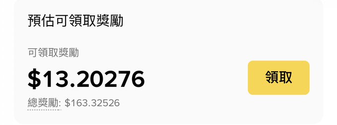 The image shows an earnings dashboard in Traditional Chinese displaying a claimable reward of $13.20276 out of a total accumulated reward of $163.32526, with a yellow "領取" (Claim) button. This screenshot illustrates the referral commission earnings being discussed in the post, visually validating the claim about how lucrative this passive income stream can be over time.