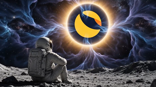 An astronaut sitting on a lunar surface gazing at a bright solar eclipse or celestial body emitting blue energy rays into a starry space background.