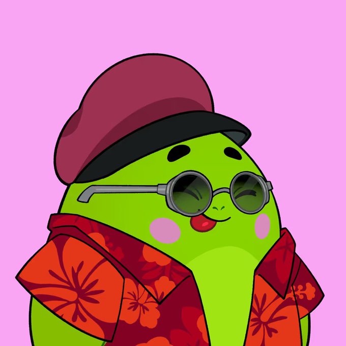 A cute green cartoon dinosaur wearing a maroon baseball cap, round sunglasses, and a red Hawaiian floral shirt poses stylishly against a pink background. The image represents one of the 7,777 Dino Gotchi NFTs from @sleepagotchi, capturing the character's trendy, laid-back personality as it expands into an IP across apps, stories, and culture.