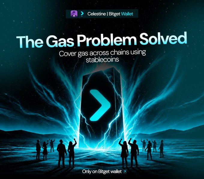 Promotional graphic for 'Celestine | Bitget Wallet' titled 'The Gas Problem Solved' advertising the ability to 'Cover gas across chains using stablecoins', with 'Only on Bitget wallet' noted at the bottom.