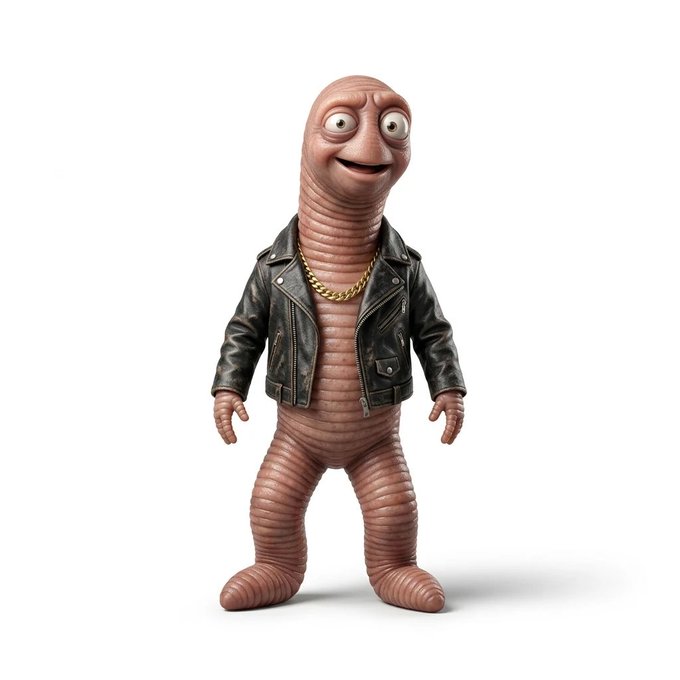The image features a cartoon-like creature with a unique appearance, wearing a leather jacket and a gold chain around its neck. This creature has a pair of legs and arms, giving it a three-dimensional look. The creature's face is painted on its body, making it appear to be smiling or laughing. The post reads "Unmatched aura", which could be interpreted as the creature having an unusual or extraordinary aura that stands out from other characters in the image.