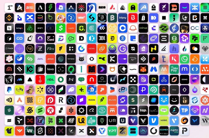 A dense grid displaying numerous cryptocurrency and Web3 project logos, including recognizable names like Binance, Coinbase, and Ethereum-related projects.