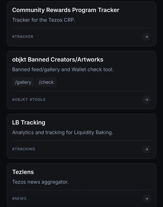 A list of Tezos-focused tools by @webidente, including the Community Rewards Program Tracker (#TRACKER), objkt Banned Creators/Artworks with feed/gallery and wallet check features (#OBJKT #TOOLS), LB Tracking for Liquidity Baking analytics (#TRACKING), and Tezlens Tezos news aggregator (#NEWS).