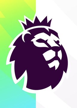 A stylized purple and white roaring lion logo set against a geometric background of lime green, white, and light blue triangular shapes.