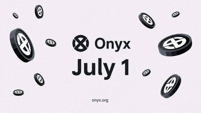 A promotional graphic featuring floating 3D Onyx (XCN) coin logos surrounding the text "Onyx" and "July 1," with "onyx.org" displayed at the bottom, signaling an upcoming date for the Onyx cryptocurrency project associated with the $XCN ticker.